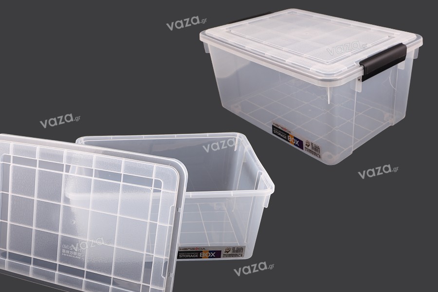 Boîte de rangement aux dimensions 520 x 380 x 260 mm en plastique transparent avec fermeture de sécurité