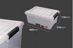 Storage box 400x270x170 mm transparent plastic with safety closure