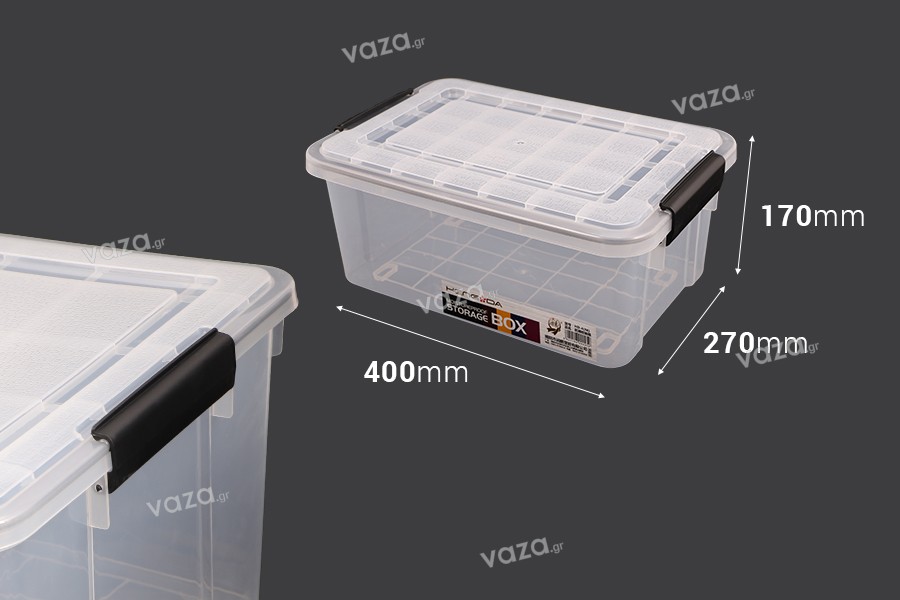 Boîte de rangement aux dimensions 400 x 270 x 170 mm en plastique transparent avec fermeture de sécurité