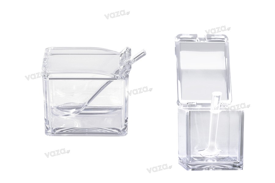 Boîte en acrylique aux dimensions 81 x 57 x 70 mm transparente avec couvercle intégré et cuillère (longueur 112 mm) pour bonbons et épices