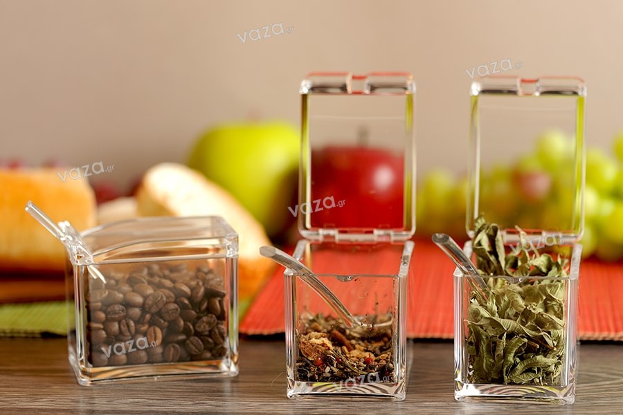 Acrylic box 81x57x70 mm transparent with integrated cap and teaspoon (112 mm long) for pastries and spices