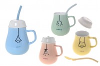 Keramische Tasse 385 ml mit Deckel und Löffel-Strohhalm in verschiedenen Farben