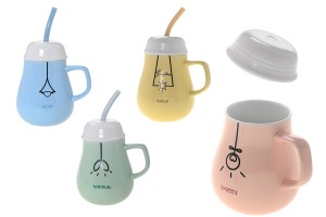 Keramische Tasse 385 ml mit Deckel und Löffel-Strohhalm in verschiedenen Farben-εικόνα_διαστάσεις