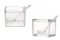 Boîte en plastique transparente-81x57x70 mm avec couvercle intégré et cuillère (longueur 118 mm) pour gâteaux, épices herbes et autres