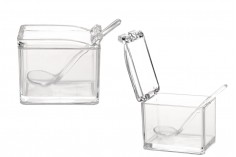 Piccola scatola di plastica con dimensioni 81 x 57 x 70 mm trasparente con coperchio integrato e cucchiaio (lunghezza 118 mm) per dolci e spezie