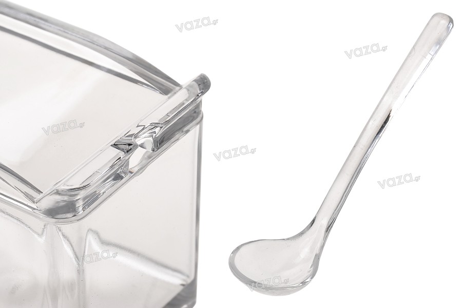 Plastic box 81x57x70 mm transparent with integrated cap and teaspoon (length 118 mm) for sweets and spices