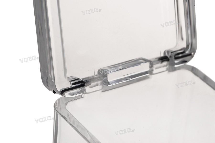 Petite boîte en plastique aux dimensions 81 x 57 x 70 mm transparente avec couvercle intégré et cuillère (longueur 118 mm) pour bonbons et épices
