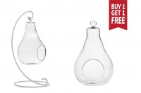 Hanging light bulb shape glass candle holder with a white metal stand