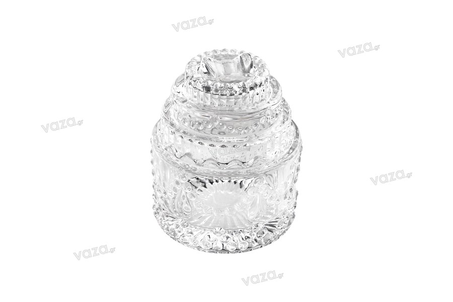 100 ml candy buffet decoration glass jar with lid in size 85x105 mm with embossed design. 
