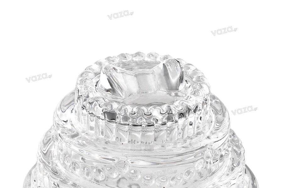 100 ml candy buffet decoration glass jar with lid in size 85x105 mm with embossed design. 