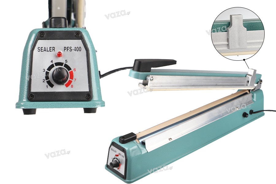 Tabletop hand held heat sealer with safety system and cutter - 40 cm seal length and 8 mm seal width