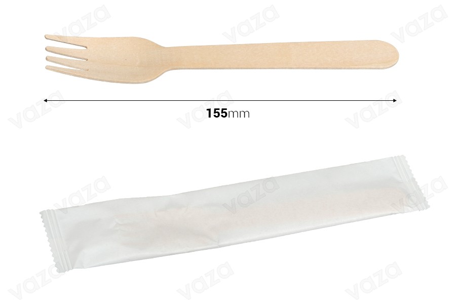 Fourchettes en bois de 155 mm dans un emballage papier individuel - 100 pcs Fourchettes en bois de 155 mm dans un emballage papier individuel - 100 pcs-εικόνα_διαστάσεις