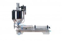 Filling machine for liquids and creams (10-100 ml) using compressed air and possibility of mixing and heating