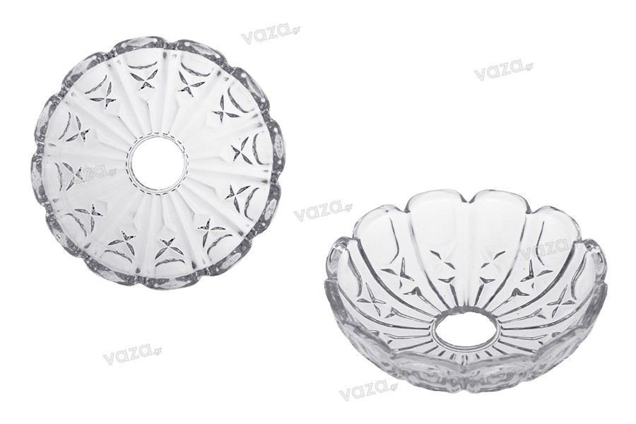 Πιατάκι γυάλινο διάφανο με τρύπα στο κέντρο (26 mm) για κηροπήγια και πολυελαίους