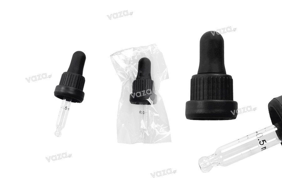 Dropper 10 ml with black wide tamper-evident cap and rubber teat in shiny black or black MAT - individually wrapped