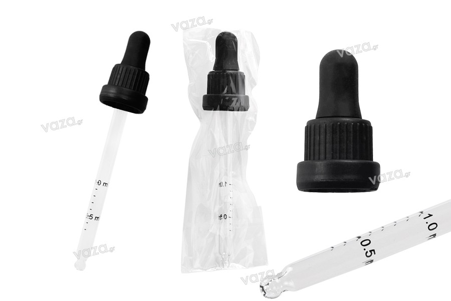 Dropper 100 ml with black wide tamper-evident cap and rubber teat in shiny black or black MAT - individually wrapped