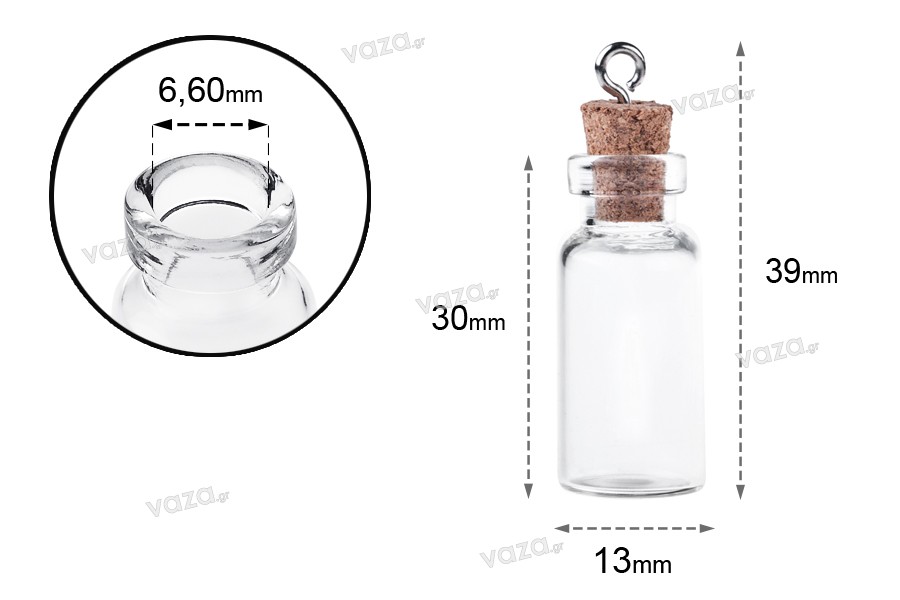 Μπομπονιέρα μπουκαλάκι γυάλινο με φελλό και κρίκο, 13x39 mm