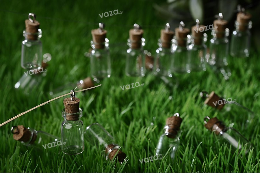 Bottiglietta di vetro con tappo di sughero e anello da appendere, si può usare come bomboniera – 12x33 mm