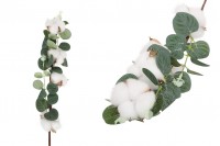 Branche décorative - fleur de coton avec feuilles vertes