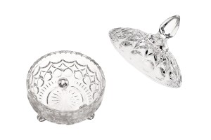 Centrotavola - Porta cioccolatini in vetro di vetro rotonda con coperchio, 3 piedi e disegni in rilievo - 120x95 mm.-εικόνα_σύνθεση