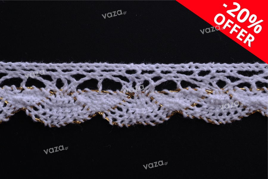 Dentelle au crochet en coton de couleur blanc et un fil métallique d’une largeur de 13 mm - 10 mètres par pièce