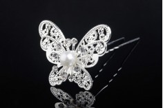 Butterfly metal brooch pin with pearls and rhinestones (width 43 mm, height 31 mm) - available in a package with 20 pcs
