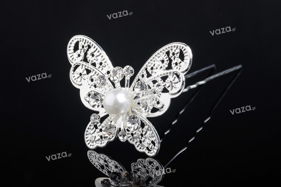 Butterfly metal brooch pin with pearls and rhinestones (width 43 mm, height 31 mm) - available in a package with 20 pcs