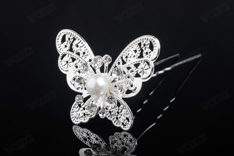 Épingle décorative en métal avec strass et perle en forme de papillon (largeur 30 mm) - 20 pcs-εικόνα_διαστάσεις