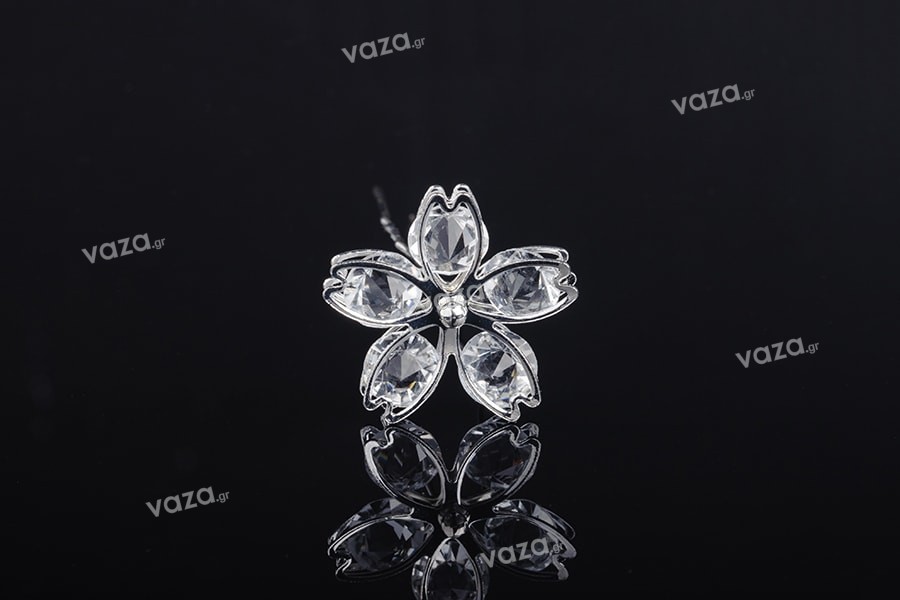 Metal brooch pin with flower shaped jewel stones (width 27 mm) - available in a package with 20 pcs