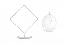 Hanging glass candle holder with a white metal stand