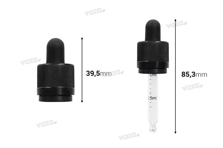 Pipettenmontur 20 ml mit CRC Verschluss, schwarzem Gummi und Skala- geeignet für E-Liquid (Einzelverpackung)