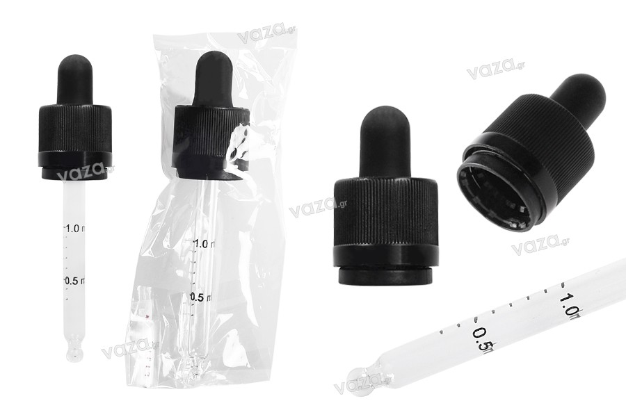 Calibrated clear glass CRC dropper 50 ml with rubber teat in black color