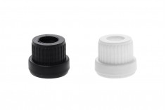 Wide plastic tamper evident ring cap for dropper bottles, 5ml to 100ml in white or black color. 