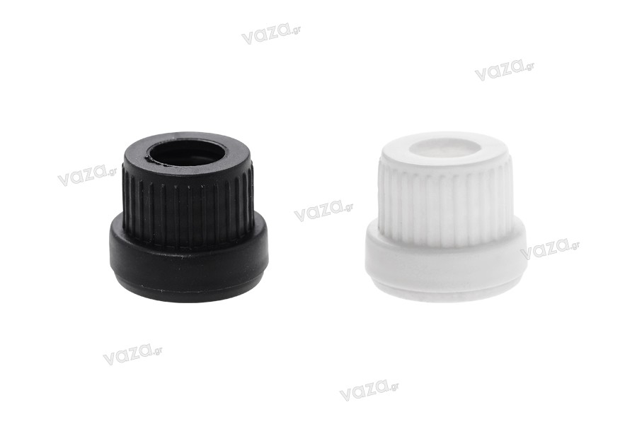 Wide plastic tamper evident ring cap for dropper bottles, 5ml to 100ml in white or black color. 