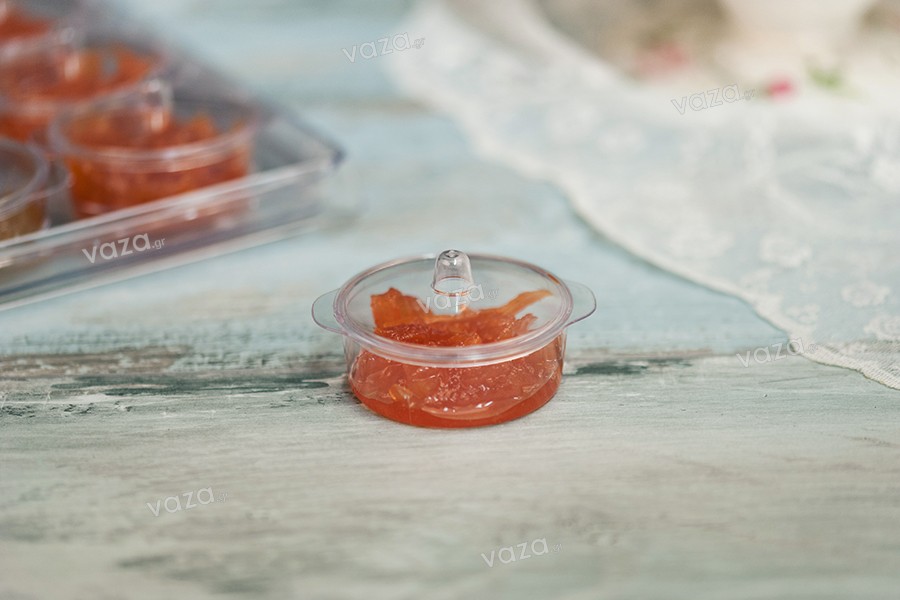 Σετ γάμου - βάπτισης: Δίσκος και βάση με 20 πλαστικά βαζάκια (κυπελάκια) για γλυκά και μικρά προφιτερόλ