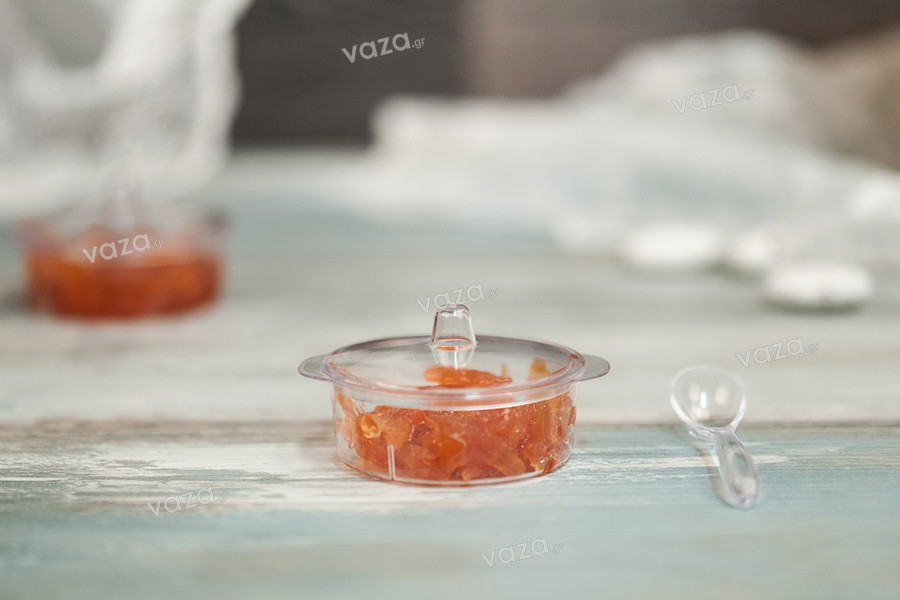 Set Gläser (Tassen) Plastik mit Teelöffeln für Süßigkeiten und kleine Kränzchen - Packung 12 Stück (für Code 239-1)