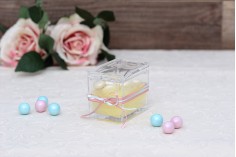 Petite boîte en plastique aux dimensions 81 x 57 x 70 mm transparente avec couvercle intégré et cuillère (longueur 118 mm) pour bonbons et épices