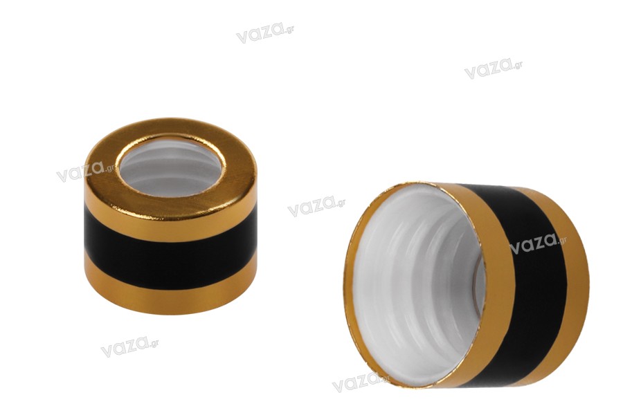 Tappo-anello in alluminio dorato con una riga nera, per contagocci da 5 a 100 ml.