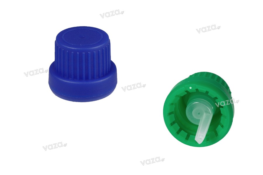 Καπάκι πλαστικό ασφαλείας PP18 μαύρο με εσωτερικό σταγονόμετρο σε μπλε ή πρασινο χρώμα 50 τμχ