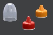 Capac de plastic, pentru sticle de ketchup-muștar, în 3 culori, cu înveliș exterior poligon transparent