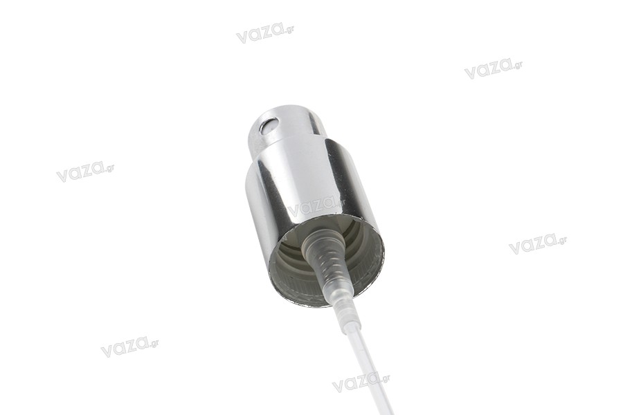Shiny silver aluminum spray pump for 18/415 bottle neck (tube length 150 mm)