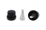 Wide black plastic child-resistant cap with 28mm long dropper insert 