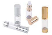 15ml airless bottle for thin-texture fluids with transparent plastic body and aluminum cap and bottom in gold, shiny silver or matte silver color