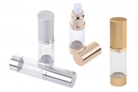 15ml airless bottle for thin-texture fluids with transparent plastic body and aluminum cap and bottom in gold, shiny silver or matte silver color