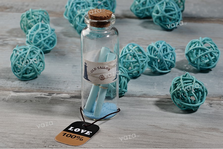 Faveurs de mariage : bouteilles à la mer en verre avec bouchon en liège dans une boîte de 12 pièces.