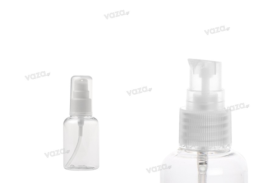 Transparent 50ml PET bottle for creams with pump dispenser, available in a package with 12 pieces