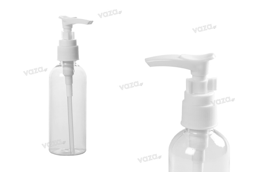Transparent 100ml PET pump bottle for shampoo, available in a package with 12 pcs