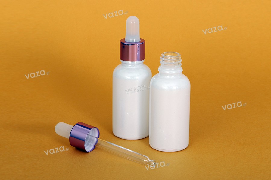 Γυάλινο μπουκαλάκι για αιθέρια έλαια 30 ml λευκό περλέ με στόμιο PP18