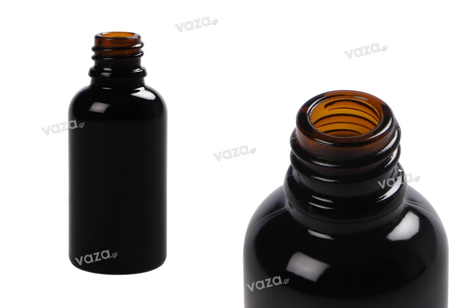 Γυάλινο μπουκαλάκι για αιθέρια έλαια 30 ml μαύρο γυαλιστερό με στόμιο PP18 Γυάλινο μπουκαλάκι για αιθέρια έλαια 30 ml μαύρο γυαλιστερό με στόμιο PP18