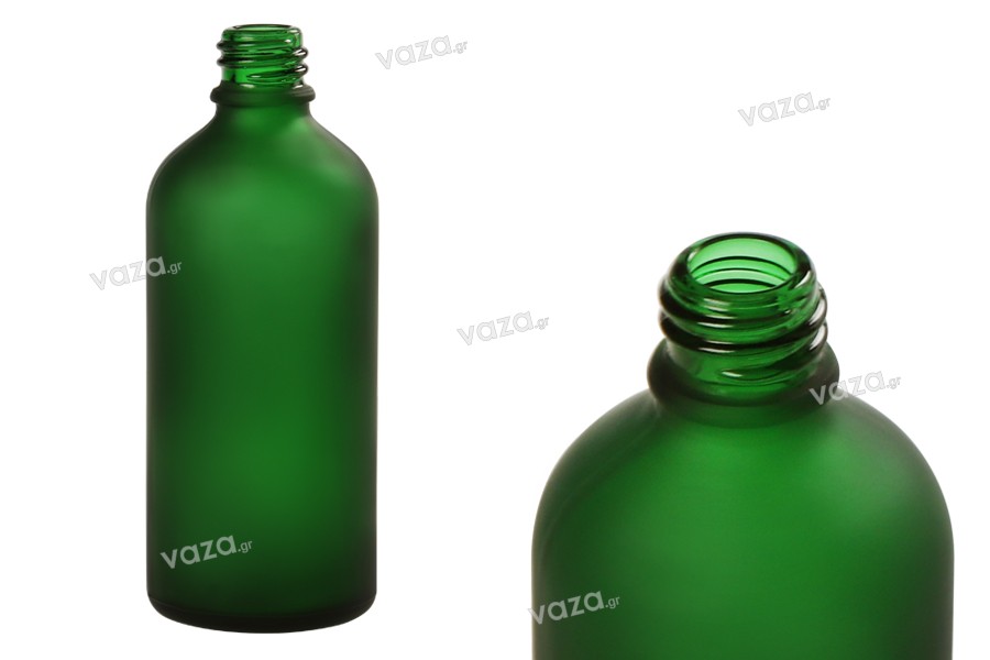 Γυάλινο μπουκαλάκι για αιθέρια έλαια 100 ml πράσινο αμμοβολής με στόμιο PP18